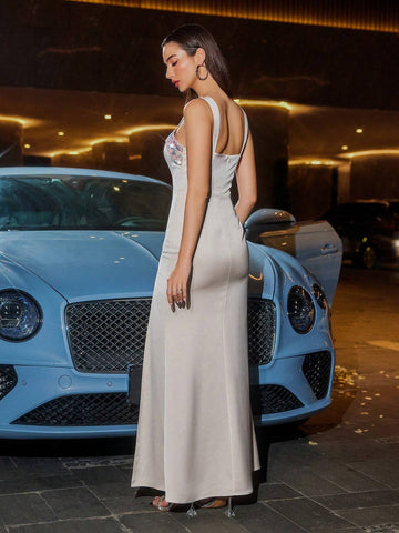 D&M Slim Fit Satin Patchwork Dress With Silver Studs, Thick Straps, Slit, Elegant Evening Party Dress
