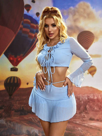 D&M Women's Sexy Chiffon Flare Sleeve Blouse With Ruffle Trim & Tie-Up Detail, Plus Pleated Short Skirt