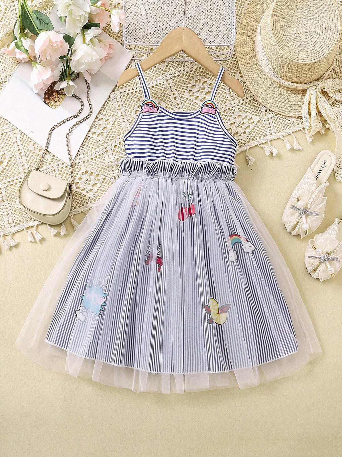 Daily Casual Style Striped Suspender Skirt With Embroidered Appliqué Overlay Mesh Dress, Fashionable And Versatile Girls' Dress For Spring, Summer And Autumn