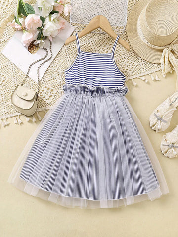 Daily Casual Style Striped Suspender Skirt With Embroidered Appliqué Overlay Mesh Dress, Fashionable And Versatile Girls' Dress For Spring, Summer And Autumn