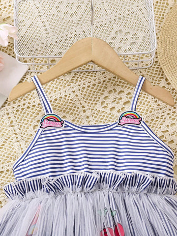 Daily Casual Style Striped Suspender Skirt With Embroidered Appliqué Overlay Mesh Dress, Fashionable And Versatile Girls' Dress For Spring, Summer And Autumn