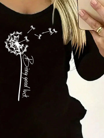 Dandelion Print, Black Casual Long-Sleeved Dress, Autumn/Winter Women's Wear