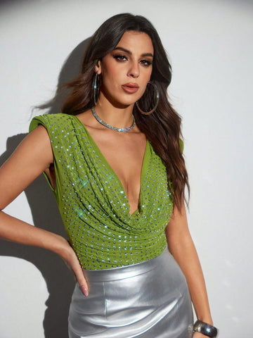 Daniela Ricciardelli Designer Women's Green Rhinestone Swing Neck See-Through Party Bodysuit Sexy, Holiday, New Year, Thanksgiving