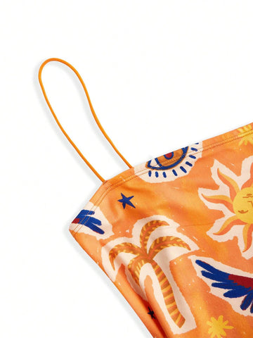 Dany Xavier Women Colorful Random Printed Spaghetti Strap Dress