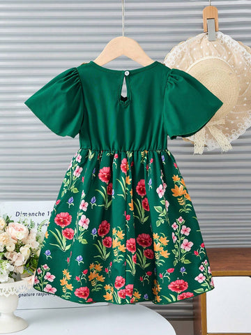 Dark Green Princess Dress With Floral Print And Gold Trim For Young Girl