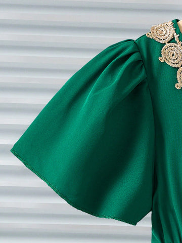 Dark Green Princess Dress With Floral Print And Gold Trim For Young Girl