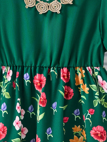 Dark Green Princess Dress With Floral Print And Gold Trim For Young Girl
