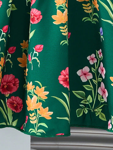 Dark Green Princess Dress With Floral Print And Gold Trim For Young Girl