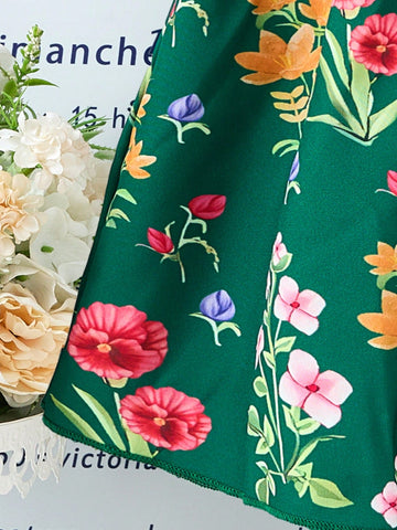 Dark Green Princess Dress With Floral Print And Gold Trim For Young Girl