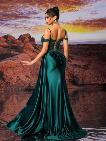 Dark Green Slip Dress Sexy Beauty Sparkly Embroidery Bead Formal Dress Evening Dress,Wedding Event Dress