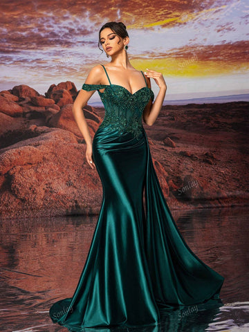 Dark Green Slip Dress Sexy Beauty Sparkly Embroidery Bead Formal Dress Evening Dress,Wedding Event Dress