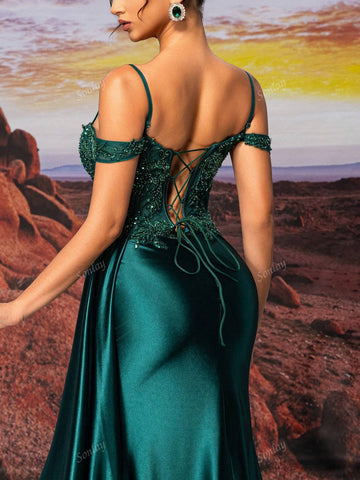 Dark Green Slip Dress Sexy Beauty Sparkly Embroidery Bead Formal Dress Evening Dress,Wedding Event Dress