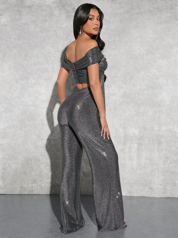 Ladies' Off Shoulder Hollow Out Pleated Metallic Jumpsuit