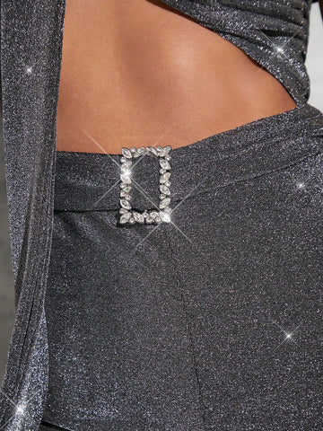 Ladies' Off Shoulder Hollow Out Pleated Metallic Jumpsuit