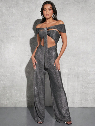 Ladies' Off Shoulder Hollow Out Pleated Metallic Jumpsuit