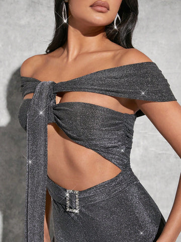 Ladies' Off Shoulder Hollow Out Pleated Metallic Jumpsuit