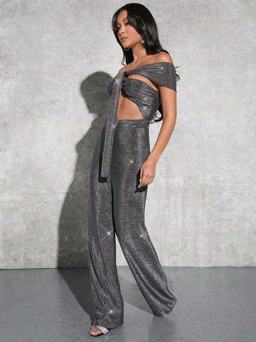 Ladies' Off Shoulder Hollow Out Pleated Metallic Jumpsuit