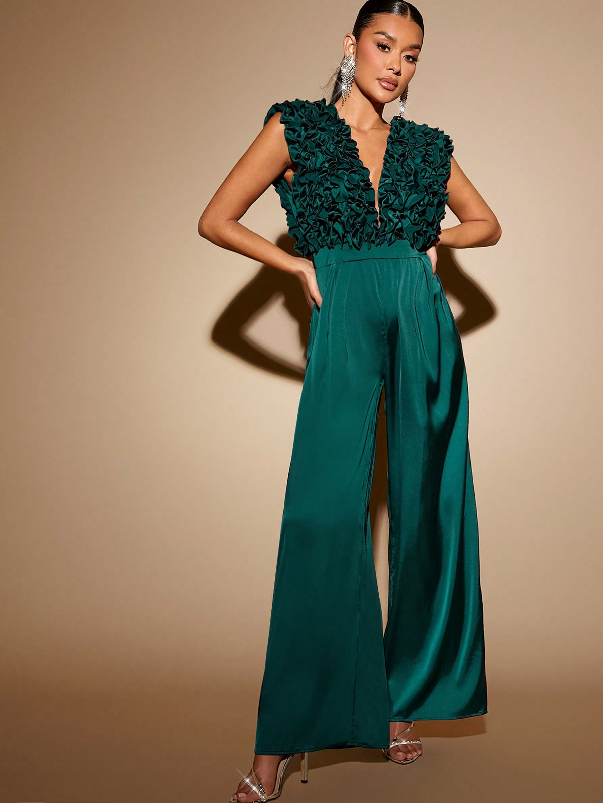 Plunging Neck Ruffle Wide Leg Jumpsuit