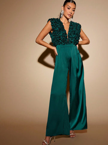 Plunging Neck Ruffle Wide Leg Jumpsuit