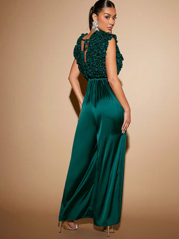 Plunging Neck Ruffle Wide Leg Jumpsuit