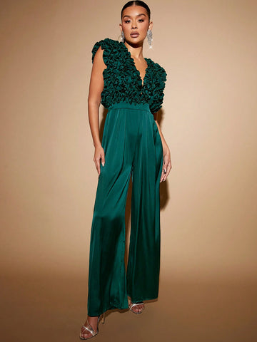 Plunging Neck Ruffle Wide Leg Jumpsuit