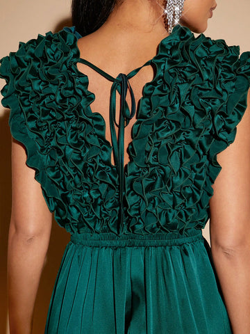 Plunging Neck Ruffle Wide Leg Jumpsuit