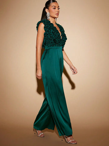 Plunging Neck Ruffle Wide Leg Jumpsuit
