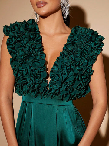 Plunging Neck Ruffle Wide Leg Jumpsuit