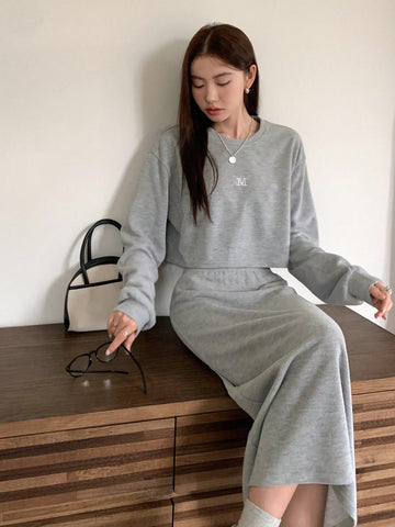 Dazy-Less Embroidered Letter Long Sleeve Sweatshirt And Skirt Two Piece Set