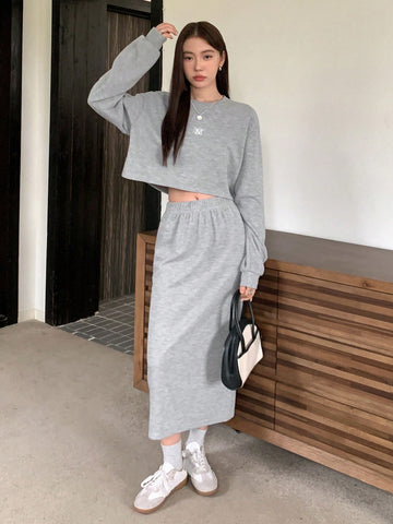 Dazy-Less Embroidered Letter Long Sleeve Sweatshirt And Skirt Two Piece Set
