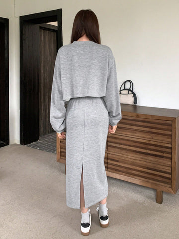 Dazy-Less Embroidered Letter Long Sleeve Sweatshirt And Skirt Two Piece Set
