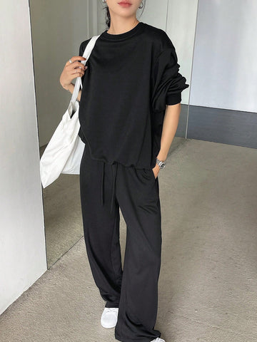 Dazy-Less Ladies' Solid Color Casual Sweatshirt & Sweatpants Set
