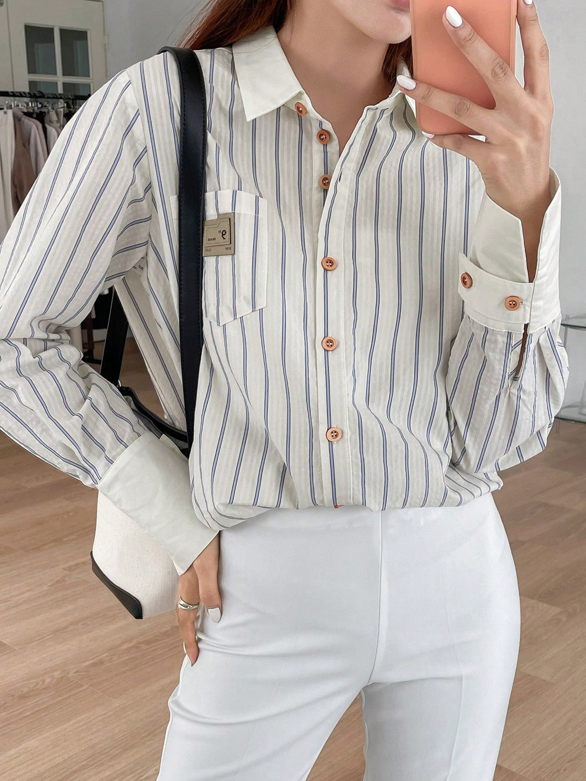 Striped Print Patched Detail Shirt