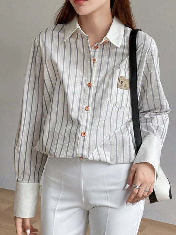 Striped Print Patched Detail Shirt