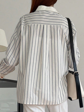 Striped Print Patched Detail Shirt