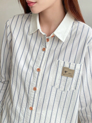 Striped Print Patched Detail Shirt
