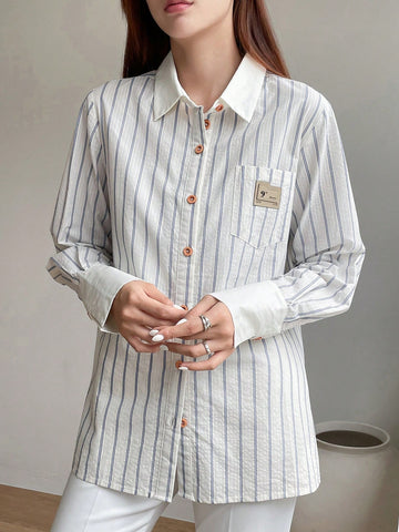Striped Print Patched Detail Shirt