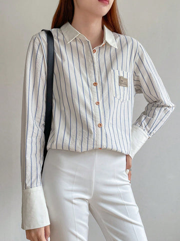 Striped Print Patched Detail Shirt