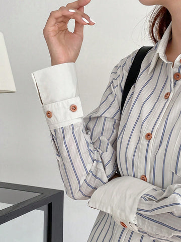 Striped Print Patched Detail Shirt