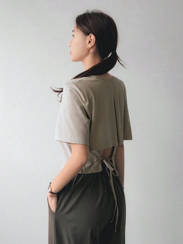 Women's Drawstring Lace-Up Hollow Out Short Sleeve T-Shirt