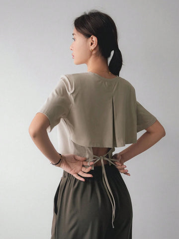 Women's Drawstring Lace-Up Hollow Out Short Sleeve T-Shirt