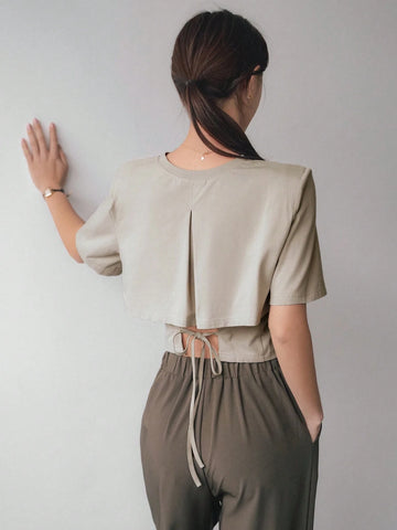 Women's Drawstring Lace-Up Hollow Out Short Sleeve T-Shirt