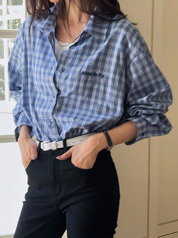 Dazy-Less Women's Embroidered Letter Plaid Long Sleeve Casual Shirt