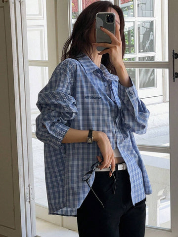 Dazy-Less Women's Embroidered Letter Plaid Long Sleeve Casual Shirt