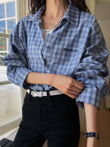 Dazy-Less Women's Embroidered Letter Plaid Long Sleeve Casual Shirt
