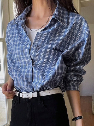 Dazy-Less Women's Embroidered Letter Plaid Long Sleeve Casual Shirt