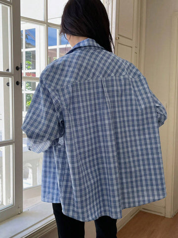 Dazy-Less Women's Embroidered Letter Plaid Long Sleeve Casual Shirt