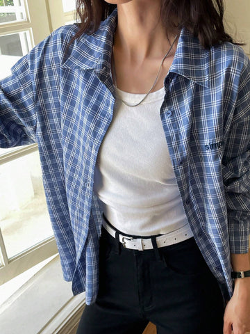 Dazy-Less Women's Embroidered Letter Plaid Long Sleeve Casual Shirt