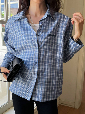 Dazy-Less Women's Embroidered Letter Plaid Long Sleeve Casual Shirt