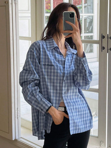 Dazy-Less Women's Embroidered Letter Plaid Long Sleeve Casual Shirt